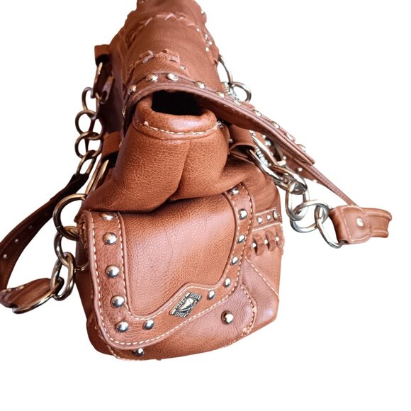 Montana West Western Style Brown Faux Leather Handbag Studded Cross Buckle - Picture 3 of 10